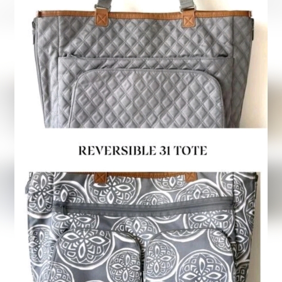 Thirty One Large Double Take Tote Grey Reversible Woodblock & Quilted Diamond - Picture 3 of 10